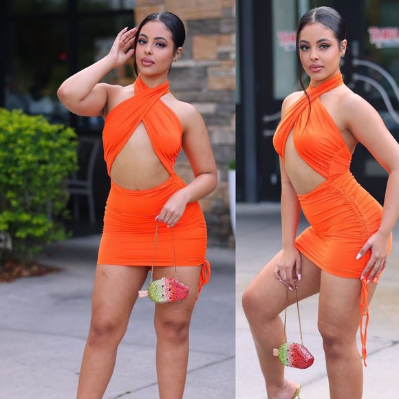 Halter Neck Cut Out Mini Dress Orange S, M, L - Picture 1 of 7